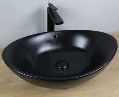 Produktbild von Keramik Waschbecken oval 590x380x190 schwarz matt mit Überlauf Aufsatzwaschbecken mit Pop-Up Ablauf schwarz-matt