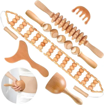 Produktbild von Holz Massagegeräteset 6-in-1, für Körperformung, Maderotherapie, Set mit 5 Rollen und 9 Rollen