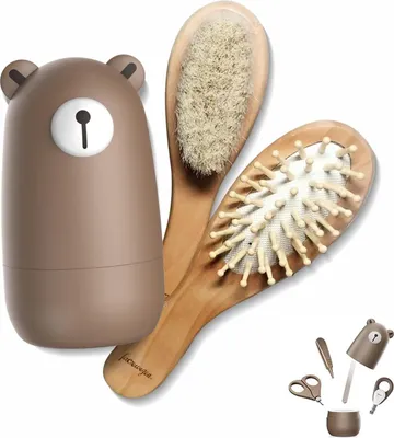 Productafbeelding van Baby 6-in-1 verzorgingsset - Natuurlijke houten haarborstel en kam nagelschaar