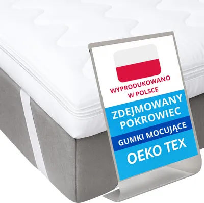 A white mattress topper with a gray base, featuring a promotional overlay with Polish flag and text.