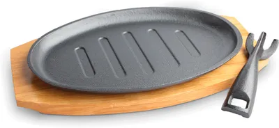 Immagine prodotto di Piastra ovale in ghisa con manico e tagliere in legno | Per arrostire, grigliare e servire 27,5x17,5 cm