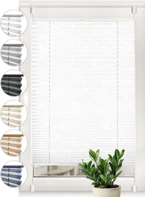 A product image showing different color swatches of blinds on the left and a white blind installed on a window with a plant in the foreground.