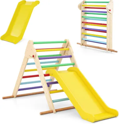 Produktbild von 2 IN 1 Montessori Kletterdreieck mit Rutsche, Kletterspielzeug zum Rutschen und Klettern, Indoor Klettergerüst für Kleinkinder ab 1 Jahre