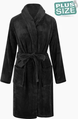 Image de Unyqoos® Relax : Peignoir unie, taille 3XL/4XL – Col en polaire, grande taille, avec poches et ceinture à nouer, couleur noire