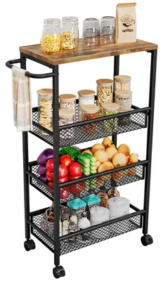 Zdjęcie produktu dla Wózek kuchenny, wąski, 4 półki, styl vintage, kolor brązowy/czarny, wykonany z MDF i metalu