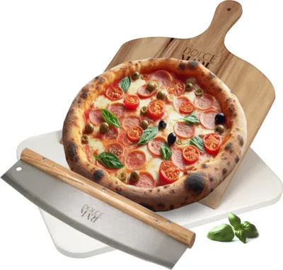 A pizza set including a pizza stone, a pizza peel, and a pizza cutter, with a pizza on top.