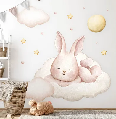 Produktbild von Babyhäschen in den Wolken – Wandgestaltung – Wandbilder Kinder – Motivtapeten Set – Wanddekor Kinderzimmer – Selbstklebende Wandsticker – 80x69 cm