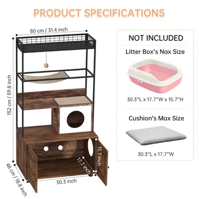 Immagine prodotto di Arredamento per gatti: casa per gatti e mobile per lettiera - 152 cm - Lettiera nascosta - Tiragraffi - Amaca in sisal - Doppia porta - Marrone