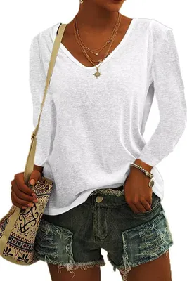 Produktbild von ASKSA Damen V-Ausschnitt T-Shirt Einfarbig Langarmshirts Oberteile Casual Lose Shirts Tee Tops, Weiß, L