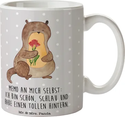 Produktbild von Mr. & Mrs. Panda Kaffeetasse Otter Blumenstrauß - Grau Pastell - Geschenk, Achtsamkeit, Seeotter, Positiv, Kaffeebecher, Becher, Teetasse, Tasse, Selbstliebe, Süß, haferl