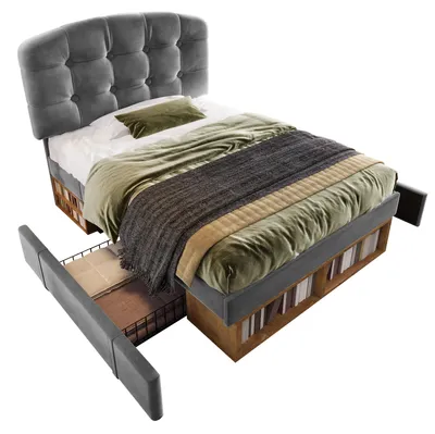 Produktbild von Polsterbett 90x200 cm Grau aus Holz, Metall mit Samtbezug, Bett mit Schubladen und Stauraum, Einzelbett mit Lattenrost Schlafzimmer