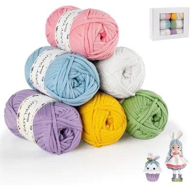 Immagine prodotto di Set di filato per uncinetto, 6 gomitoli da 50g, cotone-nylon, filato spesso, ideale per principianti. Colori: rosa, giallo, blu, viola, bianco, verde