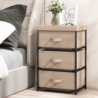 Produktbild von Nachttische aus Stoff mit 3 Etagen, Kommode aus Vlies, mit 3 breiten Schubladen und grossem Tablett, multifunktionales Aufbewahrungsmoebel, für Schlafzimmer, Wohnzimmer, Schrank (Kaffee)