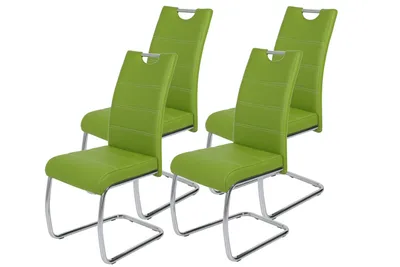 Four green dining chairs with chrome legs are arranged on a white background.