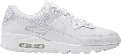 A white Nike Air Max 90 sneaker is shown from the side against a white background.