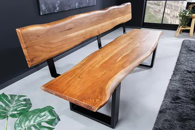 Produktbild von riess-ambiente Massivholz Sitzbank MAMMUT 200cm natur Akazie Baumkante mit Lehne schwarzes Metallgestell