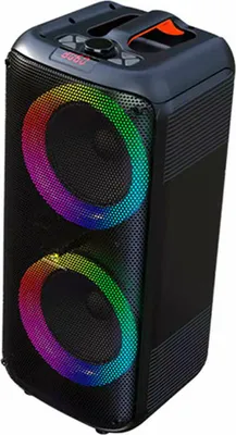 A black party sound system with colorful LED lights around the speakers.