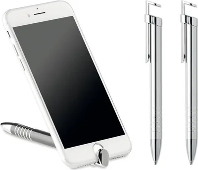 Produktbild von GKA 2 Stück 2in1 Kugelschreiber mit Handyhalter Smartphonehalter Metall silber Halter für Handy Smartphone Kuli