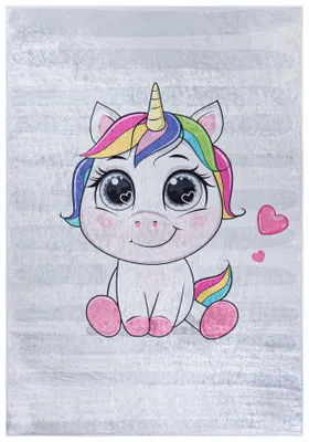 Immagine prodotto di Mazovia Tappeto Infantile Unicorno Rosa Grigio 160x230 cm Pelo Corto, Facile da Pulire, Tappeto da Gioco per Cameretta