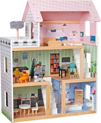 Obrázek produktu pro Dřevěný domeček pro panenky 62x27x77cm + 3 panenky + 2 zvířátka