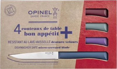 A product box for a set of Opinel table knives, showing the packaging and the knives inside.