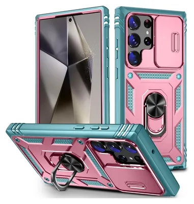 Produktbild von Hülle für Samsung Galaxy S25 Ultra, Schiebe Kamera Schutz Stoßfest Schutzhülle mit Ringhalterung Ständer Kartenhalter Pink