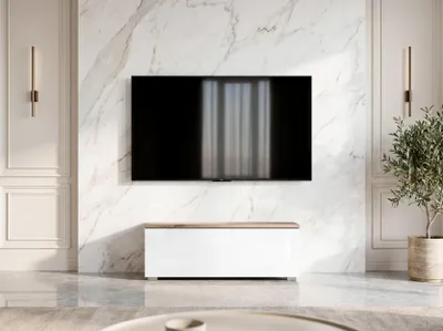 Image de AX LIVING Barvo 100 Meuble TV bas Marron / Blanc brillant Sur pied