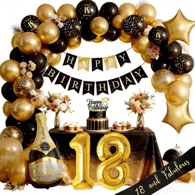 Immagine prodotto di Decorazioni per il diciottesimo compleanno: set nero e oro con ghirlanda e palloncini