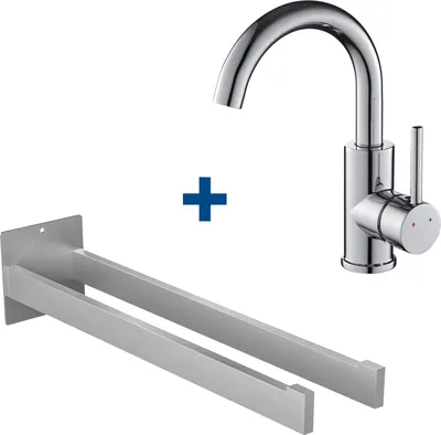 Produktbild von Auralum Badarmatur 360° Drehbar Waschtischarmatur Einhandmischer Chrom + Edelstahl Handtuchhalter Handtuchstange, Wandhaken für Bad