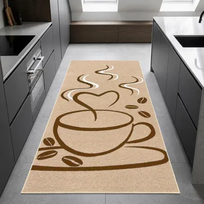 Produktbild von Küchenteppich mit grafischem Kaffee- und Herzmotiv Beige-Braun Größe - 80 x 300 cm