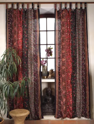 Produktbild von Boho Patchwork Vorhänge, 1 Paar Bohemia Gardine aus Sareestoff, Unikat 250 cm - Dunkelrot, Polyester, Dekovorhänge