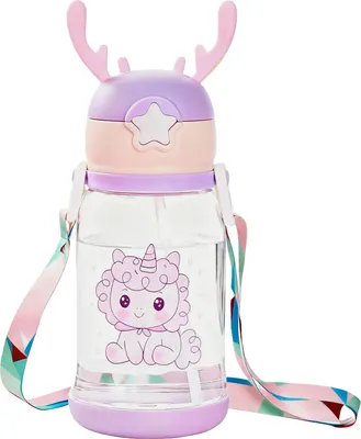 Produktbild von 600 ml Geweihförmige Wasserflasche Cartoon Kinder mit Strohhalm Tragbarer Becher für Kinder Lila