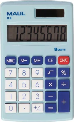 Produktbild von MAUL Taschenrechner M 8 LCD-Anzeige 1-zeilig, 8 Ziffern Solar Batterie 11.5 x 6.9 x 1 cm hellblau