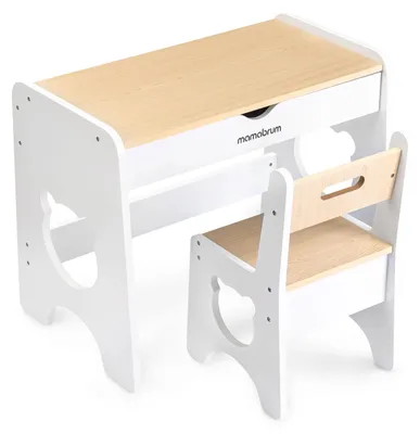 Image de Table et chaises pour enfants - Ensemble pour chambre d'enfant - Grand bureau en bois avec tiroir - Pour les enfants de 3 à 6 ans - Motifs d'ours - Blanc