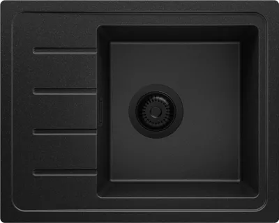 A top-down view of a black granite kitchen sink with a drain assembly in the basin.