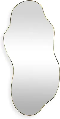 Image de Miroir mural, design organique et asymétrique. Idéal pour embellir votre intérieur. Bordure dorée luxueuse. Dimensions : 120 x 60 cm. Couleur : or