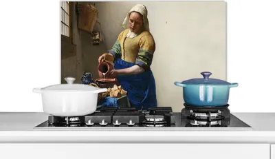 Produktbild von KitchenYeah®  Spritzschutz Küche - Küchenrückwand - Wandschutz für Herd und Spüle - Das Milchmädchen - Kunst - Alte Meister - Vermeer 70x50 - Alu-Dibond (Alternative zum Spritzschutz aus Glas) - Hitze
