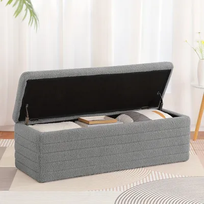 Produktbild von Aufbewahrungsbank - Fußbank - Ablagebank - Gepolsterter Hocker - Sitzhocker - Modernes Design - 118 cm, Beige, Teddy-Stoff