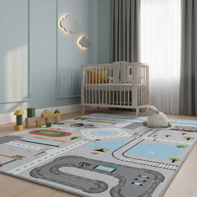 Produktbild von Spielteppich Straßenmotiv Bunt Waschbar Strapazierfähig | Grau 80x120 cm Spielzimmer Fußbodenheizung geeignet Rutschfest | TRAUN – Kadima Design