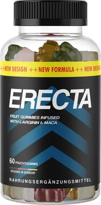 A bottle of Erecta fruit gummies infused with L-Arginin & Maca.
