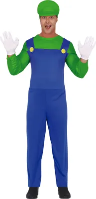 Produktbild von Videospiel Abenteuer Kostüm Arbeitsheld Klempner Outfit Klassisch Karneval Blau Grün Overall Mütze Handschuhe Retro Look Spaß Feiertag Erwachsenen, Größe: 48 - 50 (M) Farbe: Grün