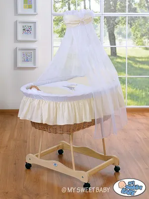 Produktbild von MY SWEET BABY Korb für Säuglinge aus Naturfaser Creme mit Rädern und PREMIUM Matratze