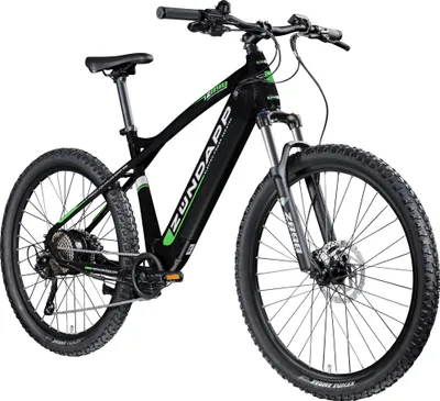 A black and green electric mountain bike is shown against a white background.