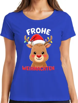 Produktbild von Frohe Weihnachten Weihnachtsgeschenk Rentier niedlich Rudolph Damen T-Shirt, Blau, S