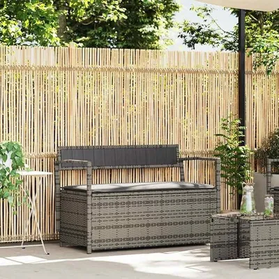 Produktbild von Gartenbank mit Stauraum und Kissen Grau Poly Rattan wetterfeste Outdoor Sitzbank mit Stauraum und abnehmbarem Kissen für Terrasse Balkon Veranda