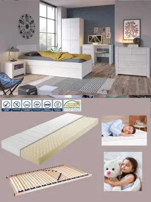 Produktbild von Jugendzimmer Emmi Weißeiche Set 7-tlg. – Kleiderschrank, Bett, Nachttisch, Schreibtisch, Kommode
