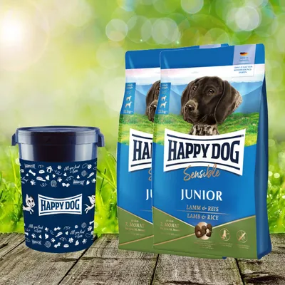 Produktbild von Happy Dog Sensible Junior Lamm & Reis 2 x 10 kg + Futtertonne 43 Liter - Optimale Versorgung deines Junghundes