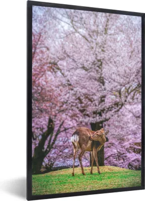 Produktbild von MuchoWow® Gerahmtes Poster Hirsch - Rosa - Blüte 60x90 cm - Poster mit Schwarzem Bilderrahmen Wandposter Rahmen Foto Bilder - Kunst