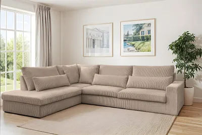 Produktbild von Ecksofa Designersofa THORA in Stoff Poso Beige Ottomane Links