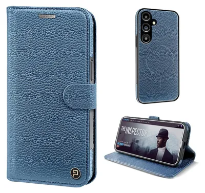 Produktbild von Echtleder Handyhülle für Samsung Galaxy S25 RFID Schutz Cover Leder Hülle Magnetring 2-in-1 Bumper abnehmbar Farbe: Blau